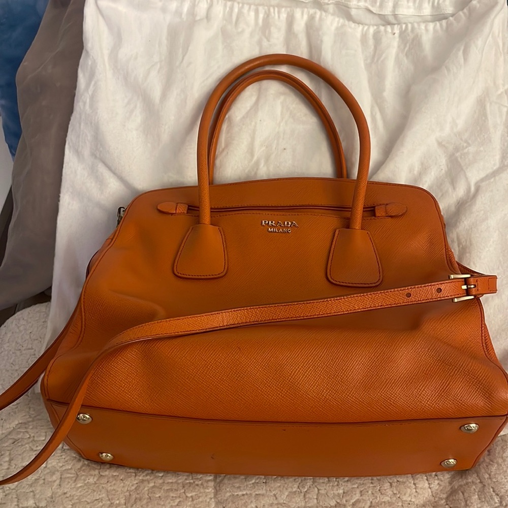 Authentic Prada Saffiano Cuir Large Double-Zip Tote Bag, Orange